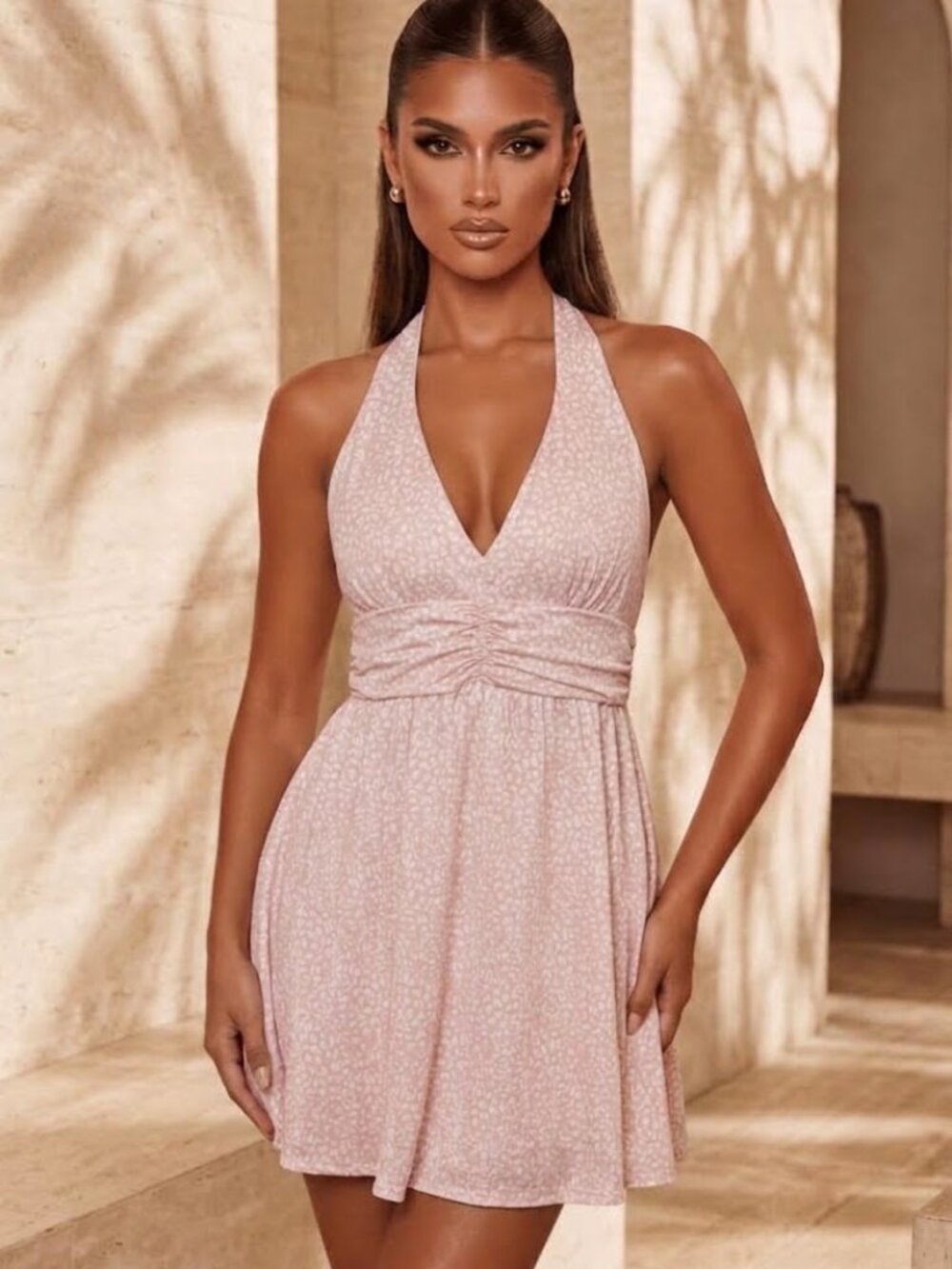 Kiwi & Punch Pink White Satin Halter Mini Dress Padded Ruched Medium Excellent